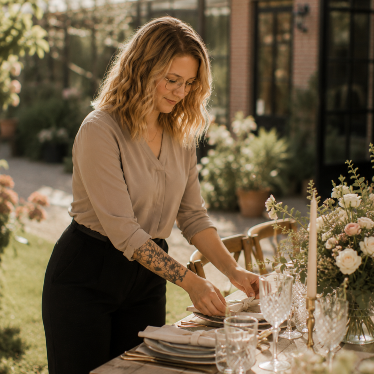 Hochzeitsplanerin Nina Hübner Göttingen Nina Hübner Hochzeitsplanerin deckt festlich gedeckten Tisch im Garten mit Blumen und Kerzen.