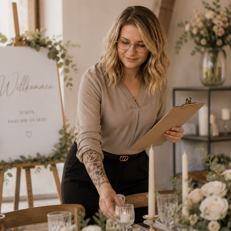 Nina Hübner Hochzeitsplanung / Eventplanung Göttingen Nina Hübner mit Clipboard arrangiert Tischdekoration für eine Hochzeit in einem eleganten Raum.